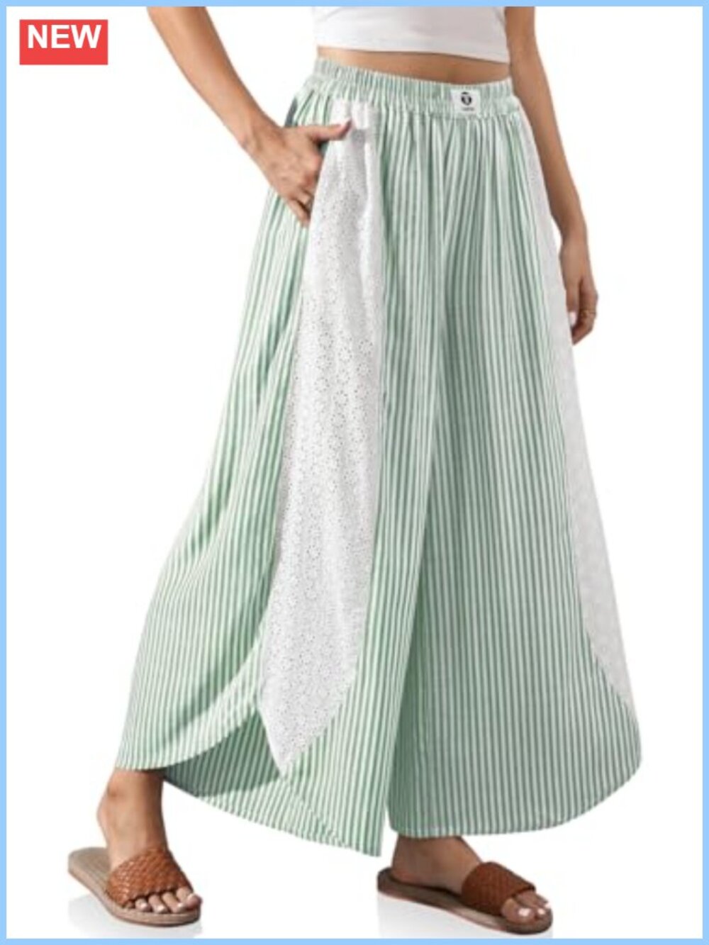 Wide Leg Striped Linen Blend Palazzo Pants Lace Detail Pockets